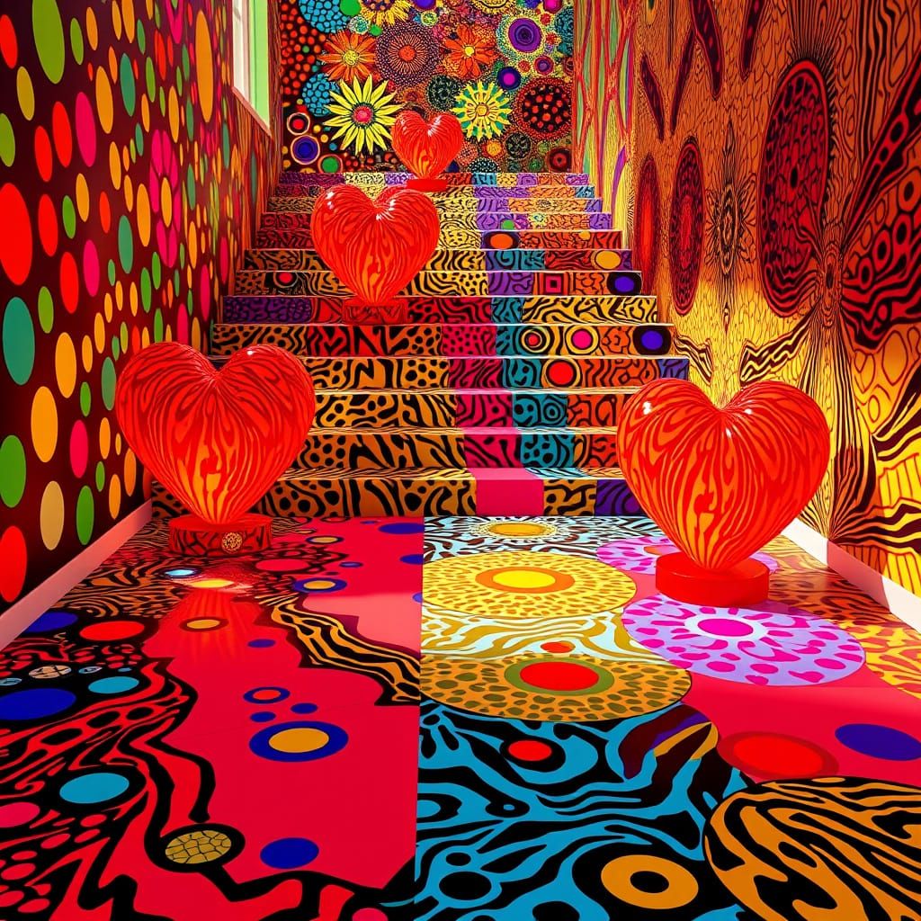 Kaleidoscopic Stairs with Flame Heart Sculptures
