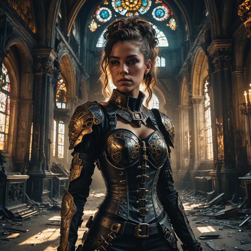 Cyberpunk Renaissance Armored Woman in Ornate Cathedral