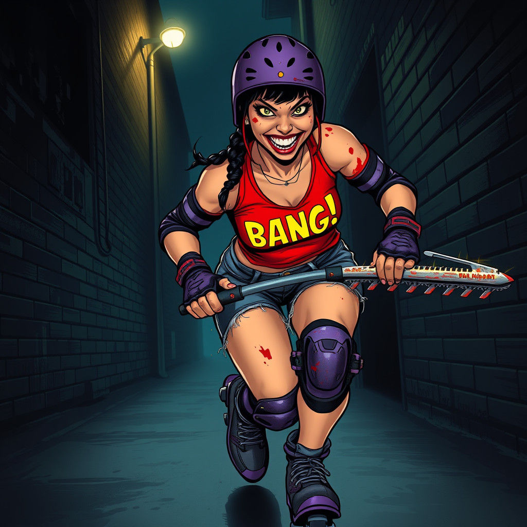 Foreboding Alleyway: Roller Derby Woman with Hedge Trimmer
