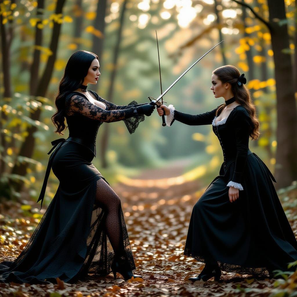 Morticia and Wednesday Addams Fencing in Haunted Forest
