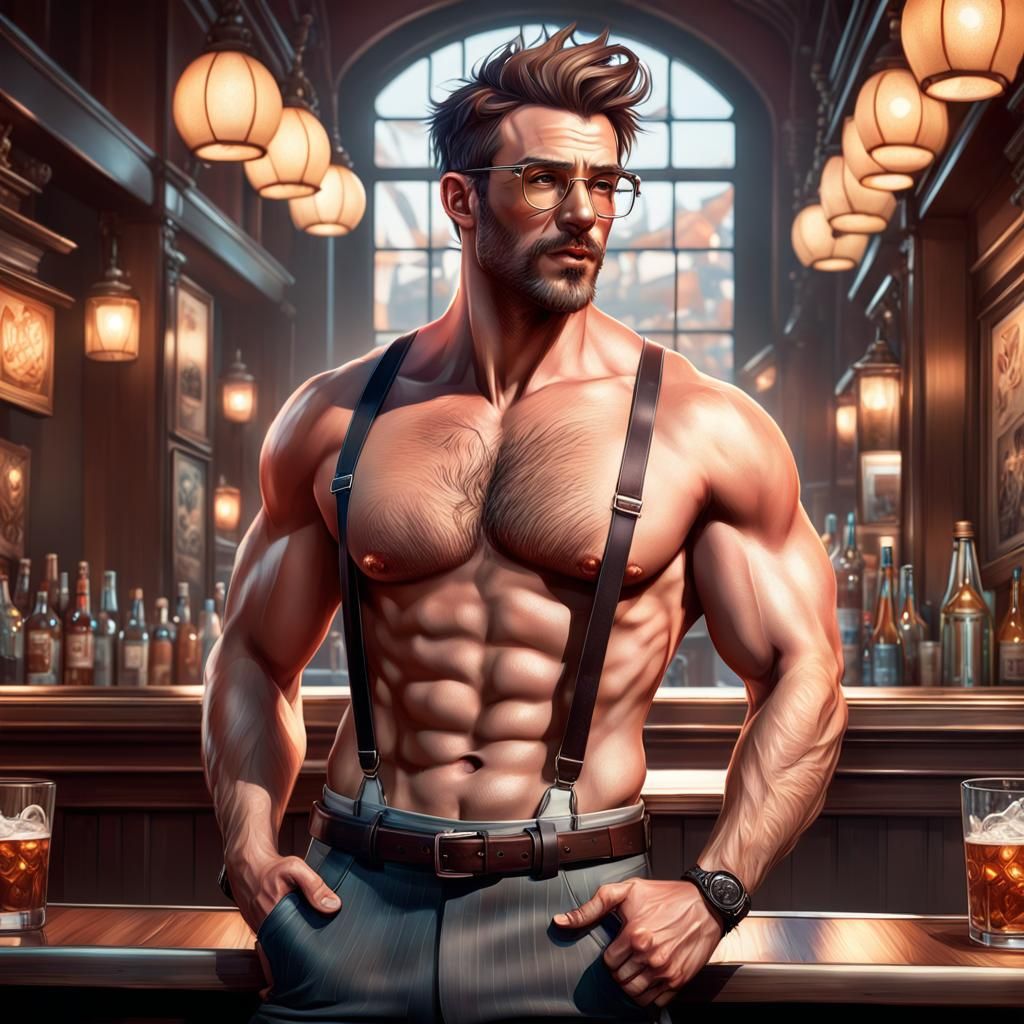 Handsome Vocalist Performing in Cozy Bar, Hyperrealistic Por...