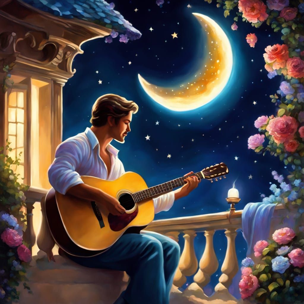 Romantic Serenade Under a Floral Crescent Moon