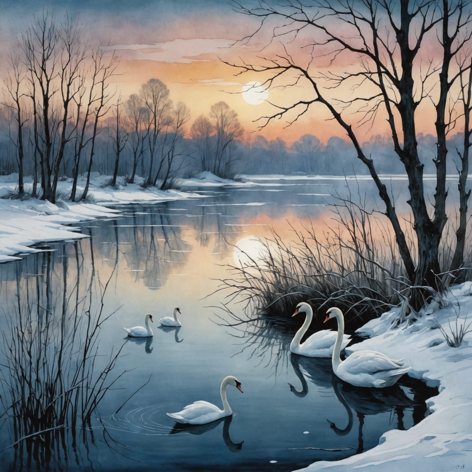 Fairytale Swans on Frozen Lake: Arthur Rackham Style