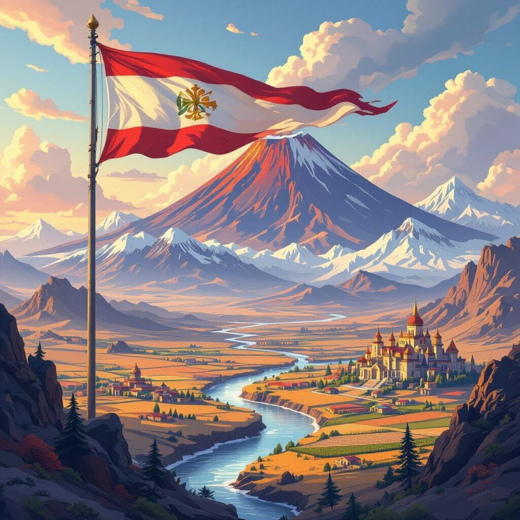 Fantasy Utopia Flag: Volcano, Desert, Snow Mountains & River