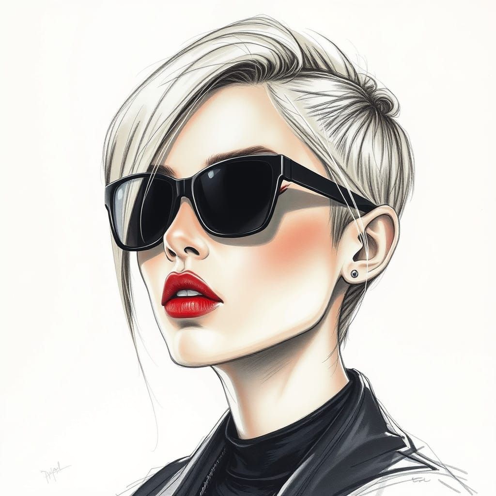 Young Blonde Girl in Dark Sunglasses with Charcoal and Penci...
