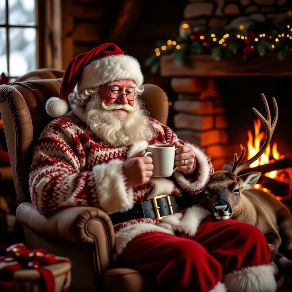 Weary Santa Enjoys Quiet Morning by Fireplace