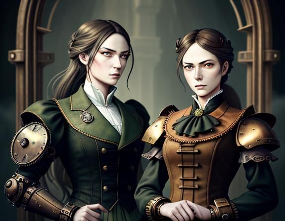 Twin Sisters in Steampunk Time Machine, Digital Art