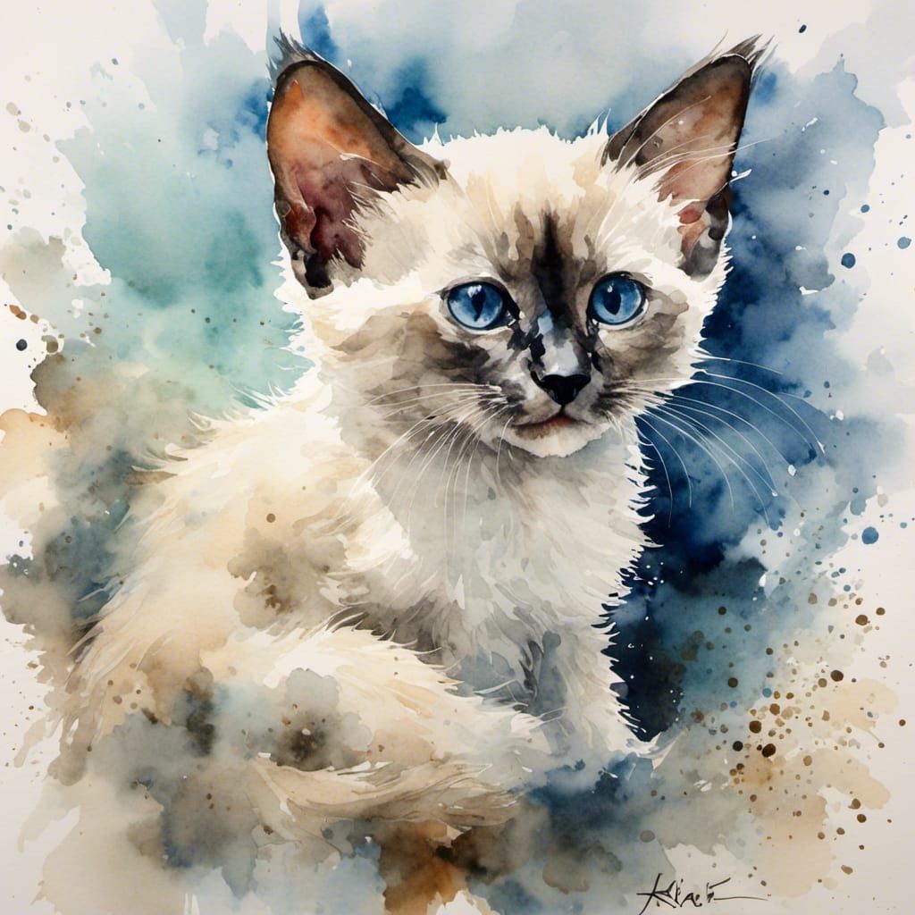 Watercolor Portrait of Siamese Kitten in Fine Art Style