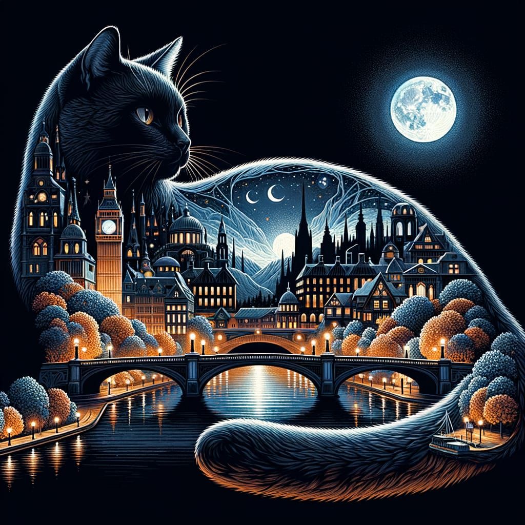 Nocturnal Cityscape Cat in Dark Rich Hues with Clock Tower a...