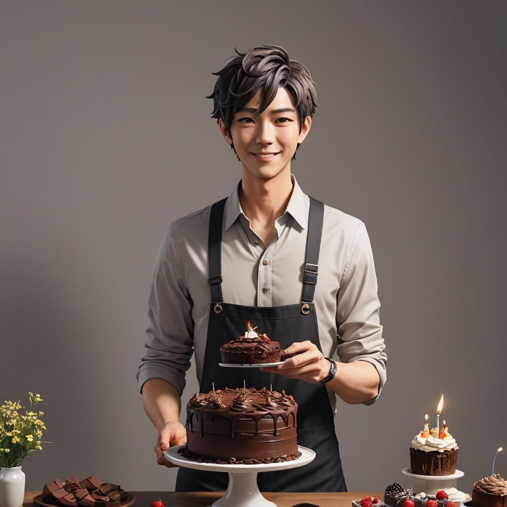 Birthday Boy Celebrates with Chocolate Cake: 3D Anime Art