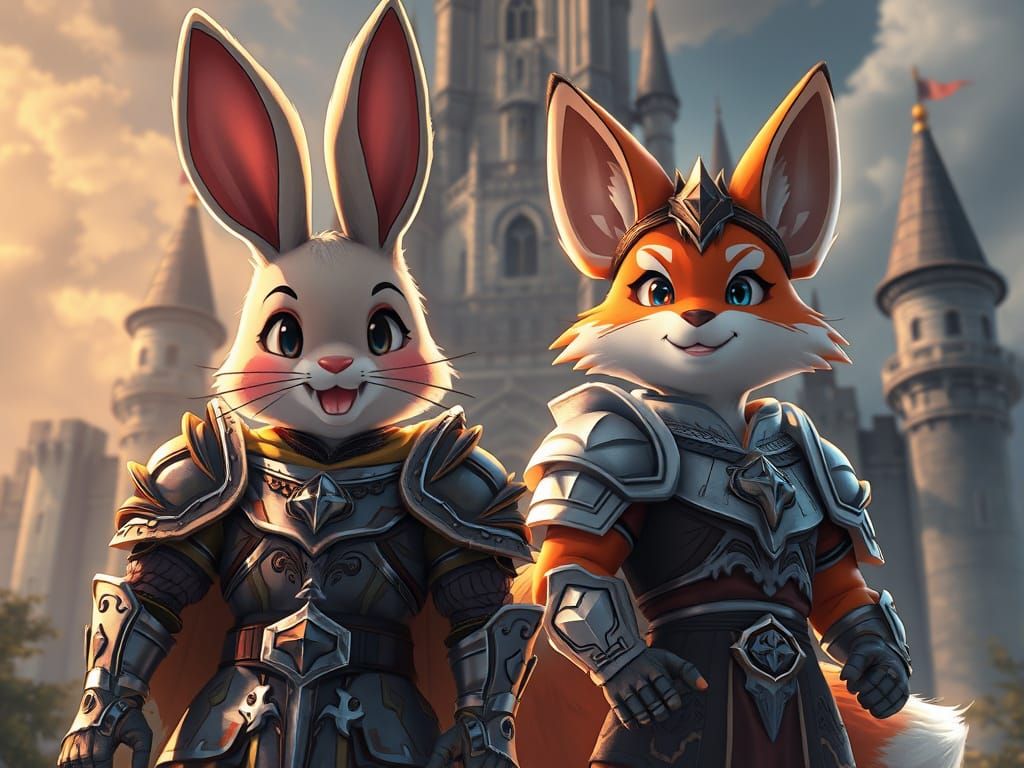Cartoon Rabbit & Fox Knights in Armor
