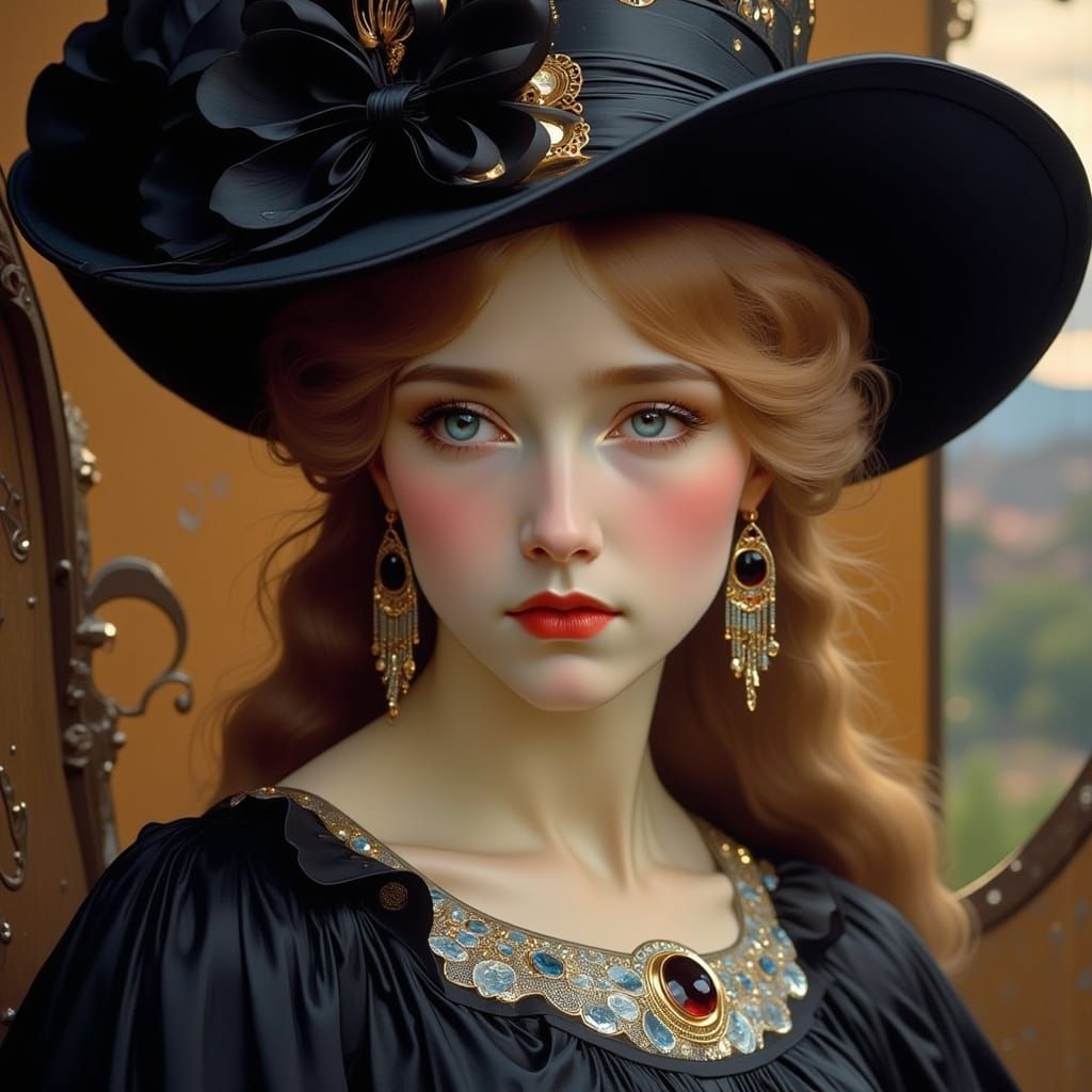Saloon Girl Portrait with Silver Trim in Art Nouveau Style