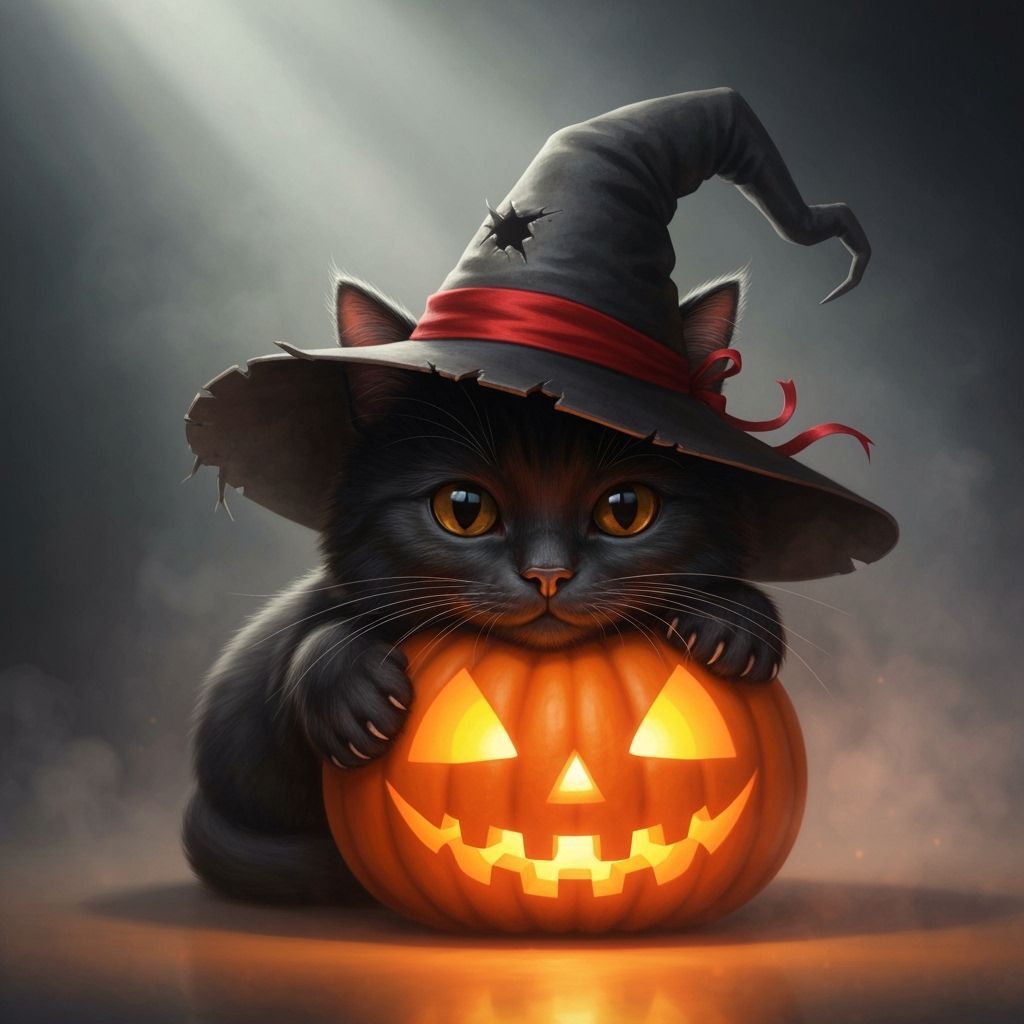 Cute Black Cat With Witch Hat Behind Glowing Pumpkin
