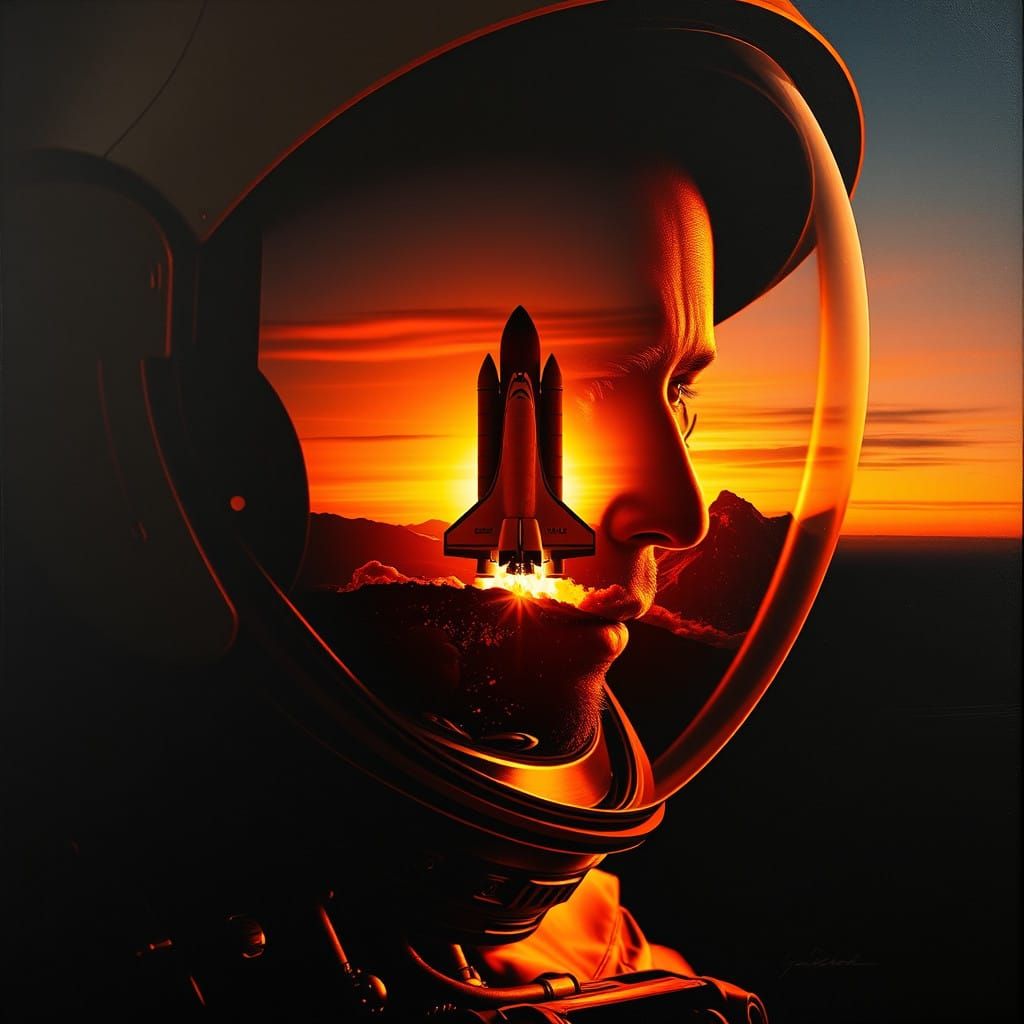Grunge Astronaut Silhouette Blurs with Space Shuttle Launch