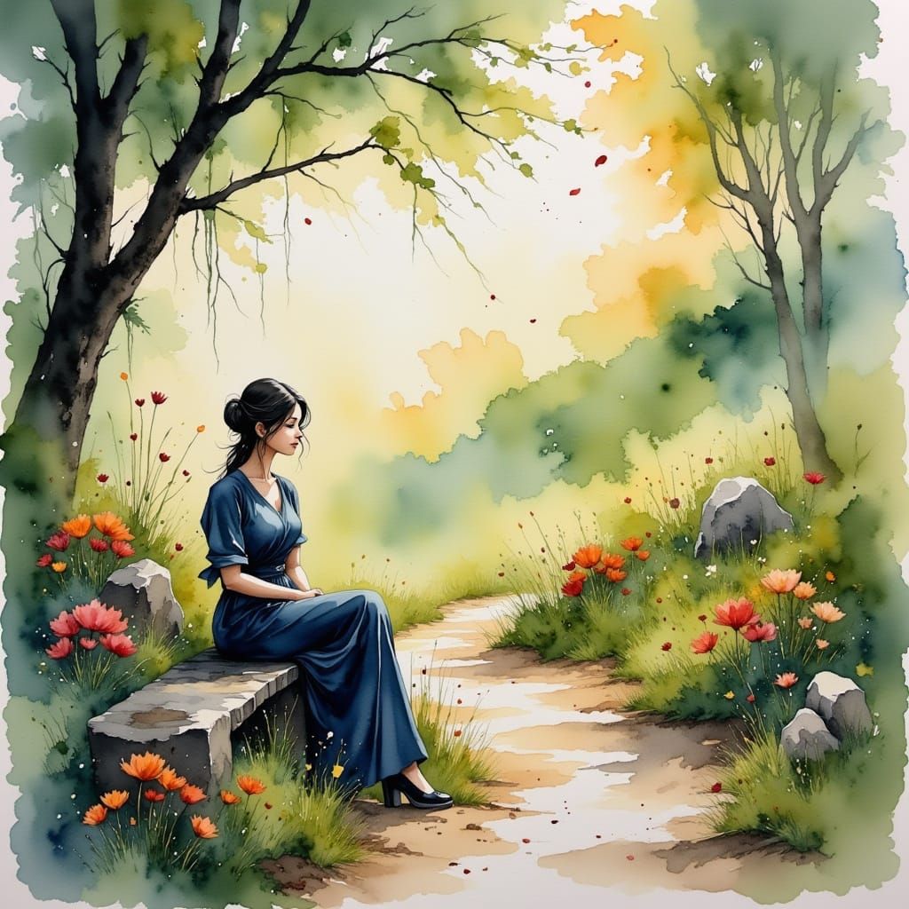 Serene Watercolor Sunset with Contemplative Figure