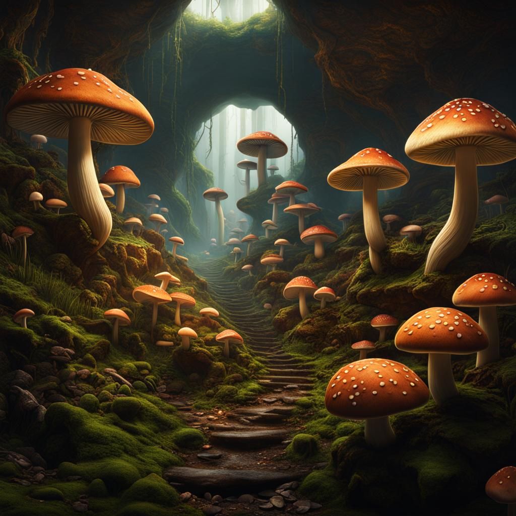 Detailed Underground Mushroom Farm Digital Painting