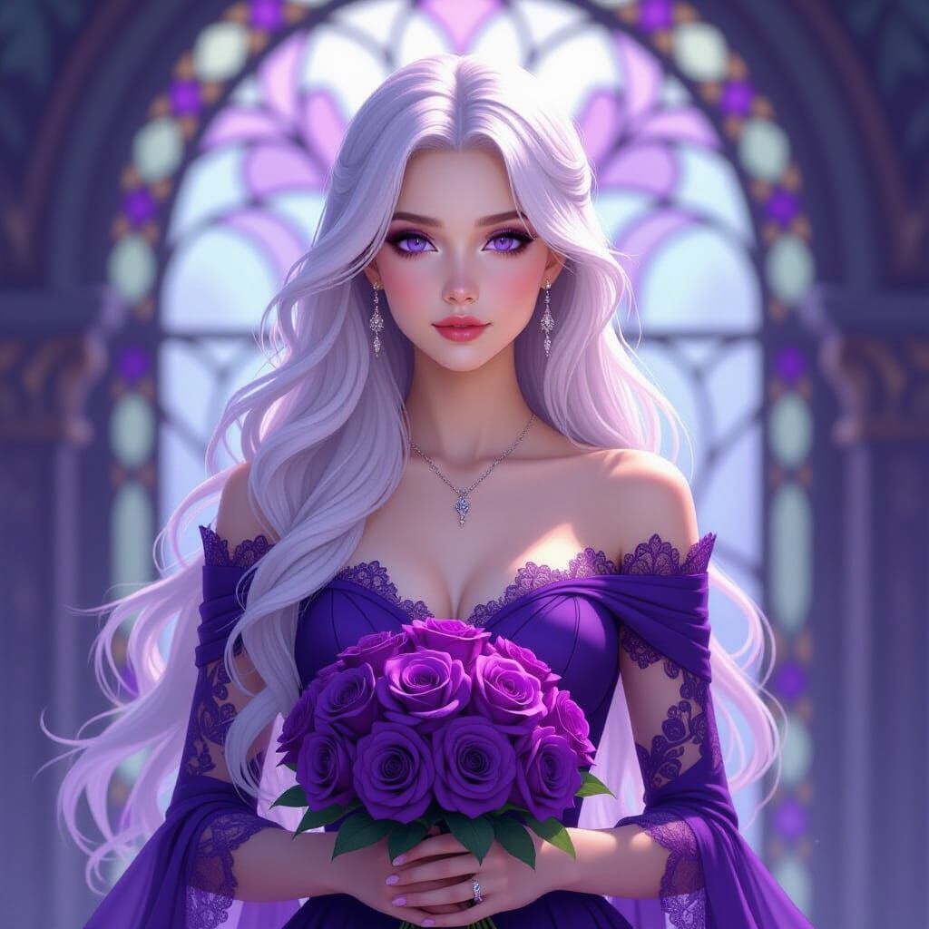 Ethereal Woman with Purple Roses in Art Nouveau Style