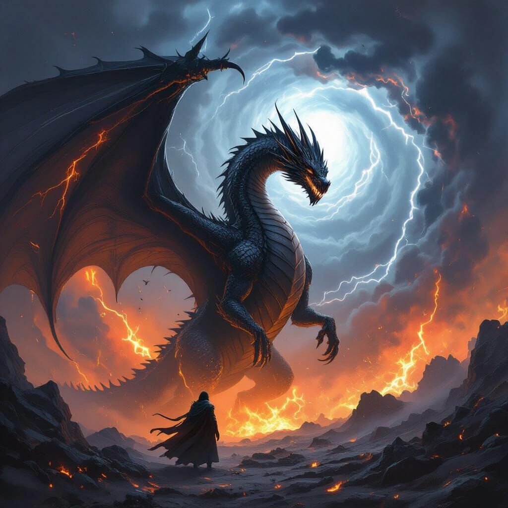 Colossal Black Dragon Creates Tornado in Volcanic Ash