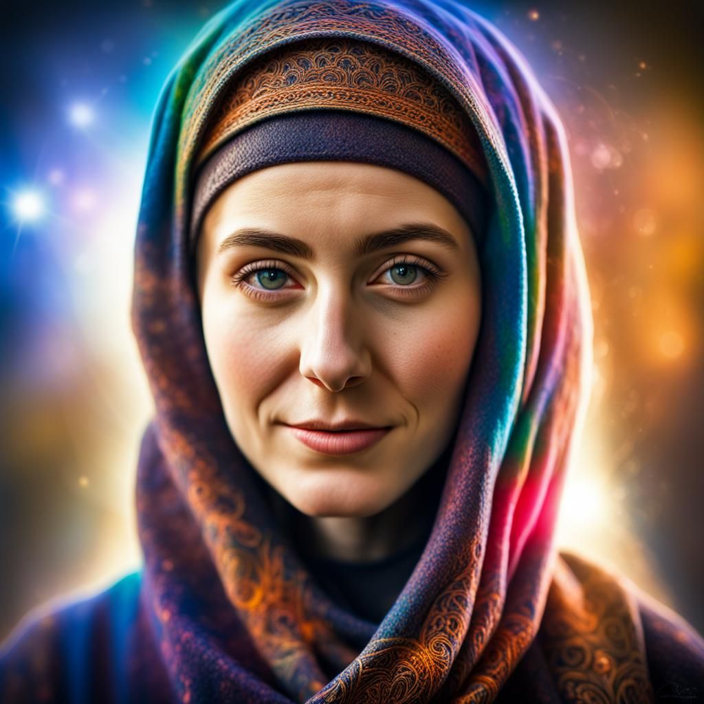Happy Orthodox Woman in Cosmic Light, Hyperrealistic