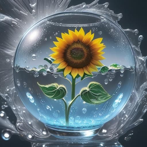 Sunflower in Glass Sphere: Hyperrealistic Macro Photograph