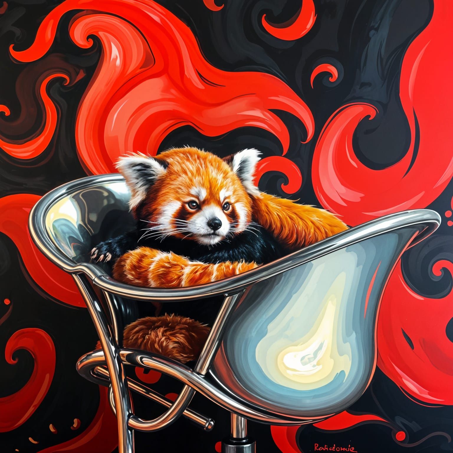 Red Panda Reclining in Alcohol Ink & Impasto Style