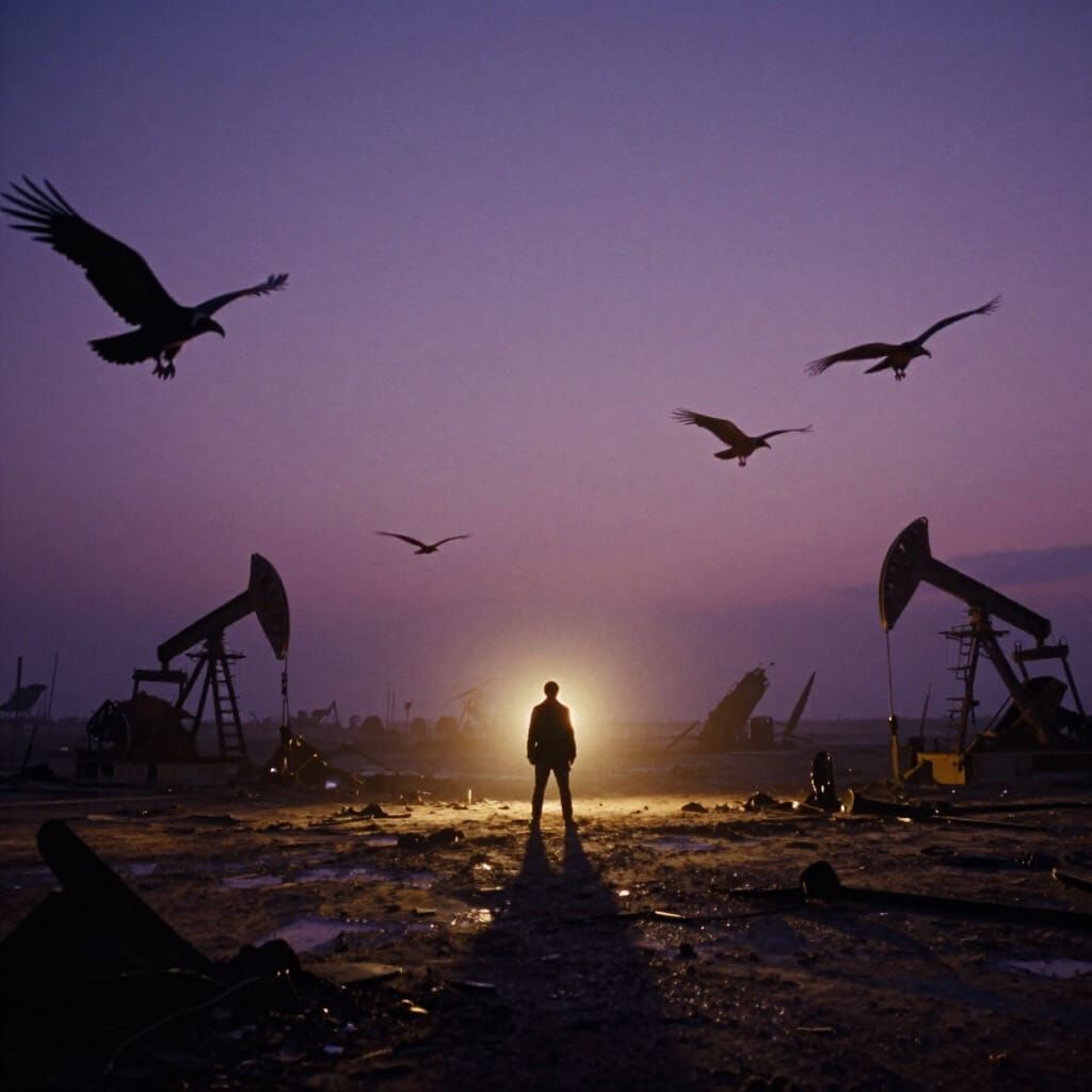 Cinematic Twilight Landscape: Vultures Circle Over Defiant F...