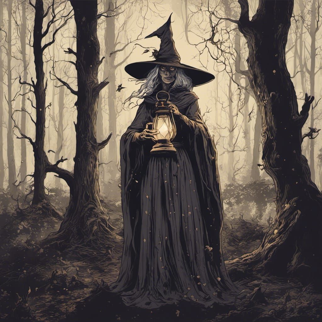 Scary Witch with Lantern in Shadowy Forest