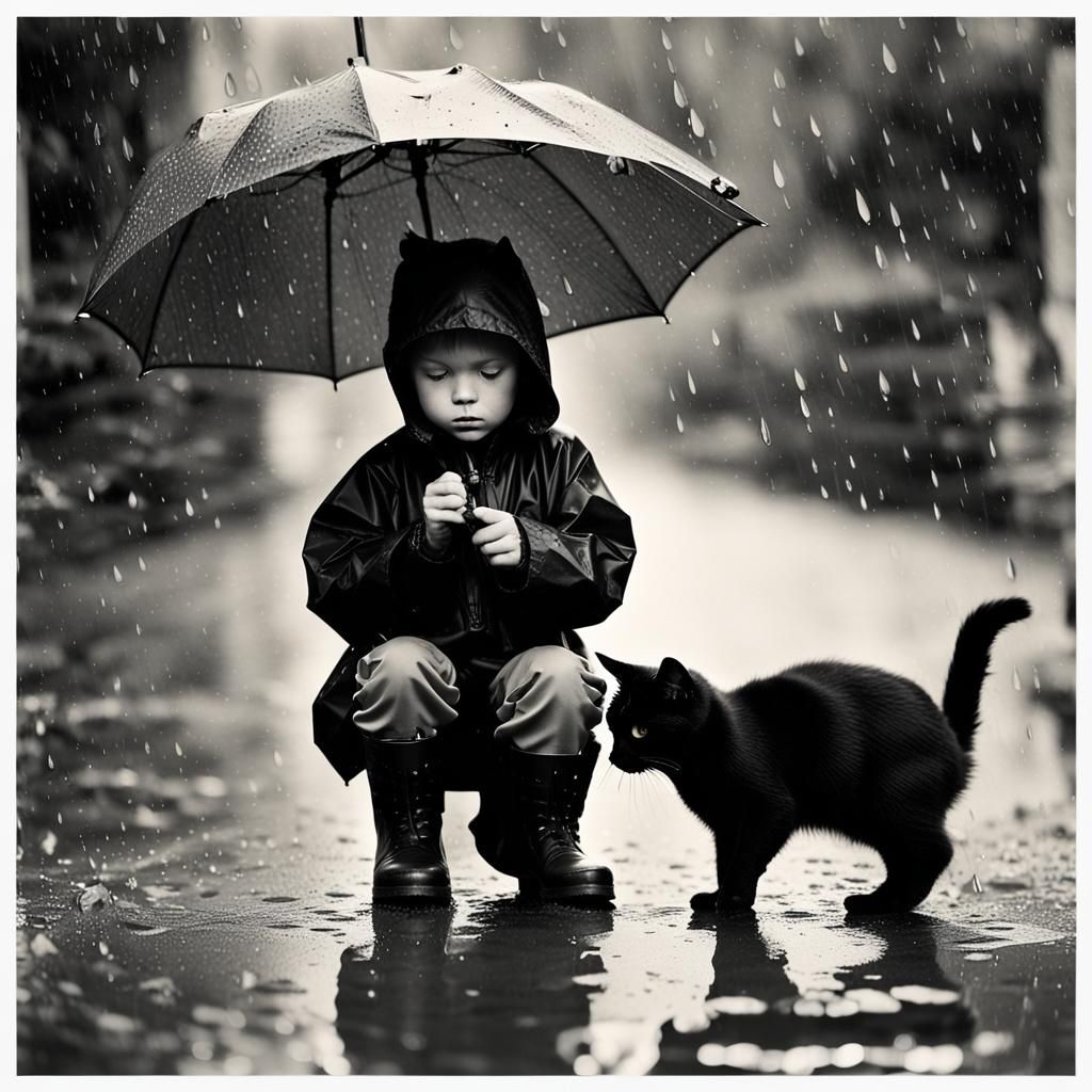 Child and Cat in Rain: Black and White Photography