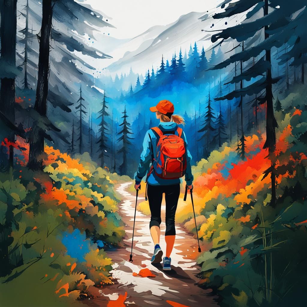 A woman walking through the forest. Very colorful beautiful ...