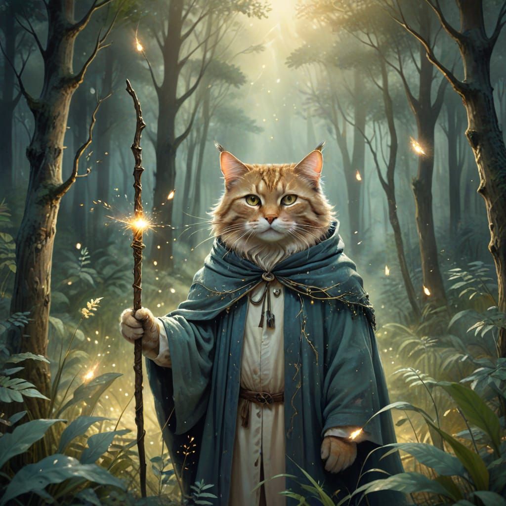Whimsical Cat in Enchanted Forest