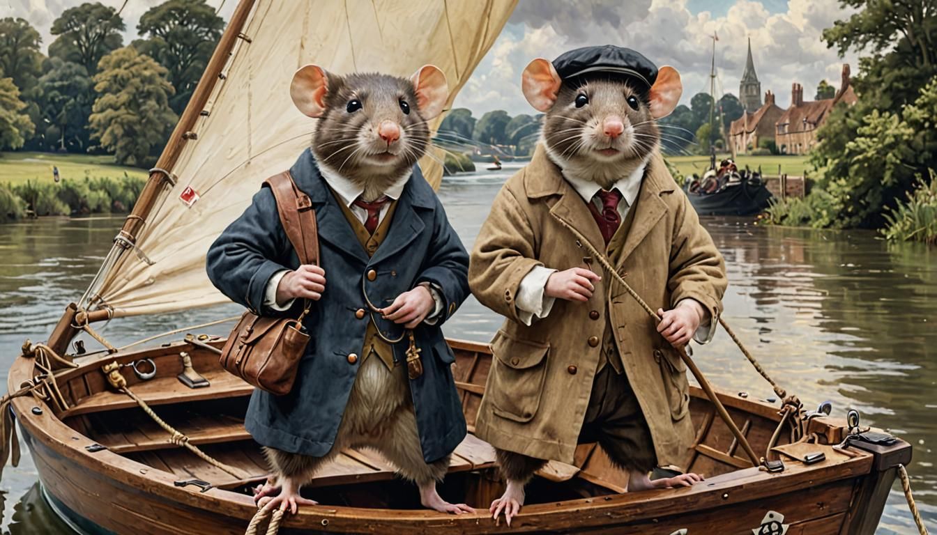 Rat and Mole Sail the Thames: Oil Painting