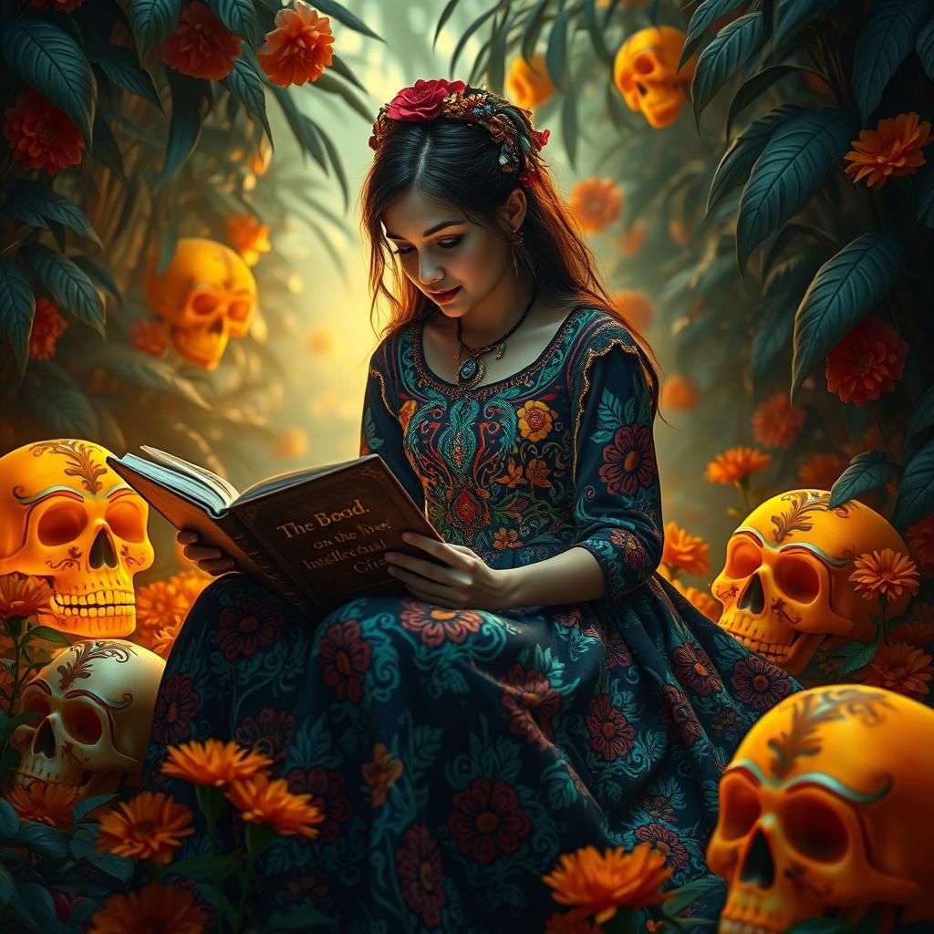 Woman Reading in Jungle with Sugar Skulls