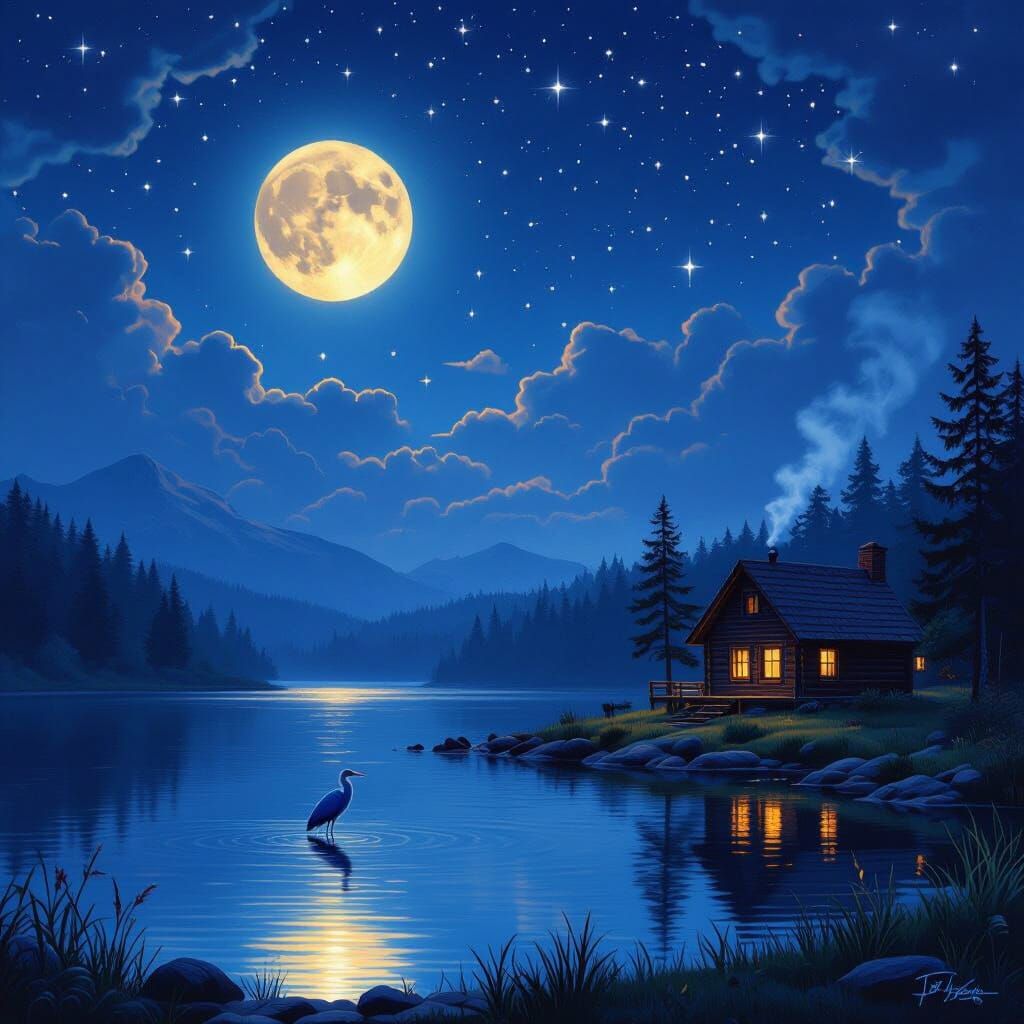 Starry Night Lake Scene with Cabin and Heron