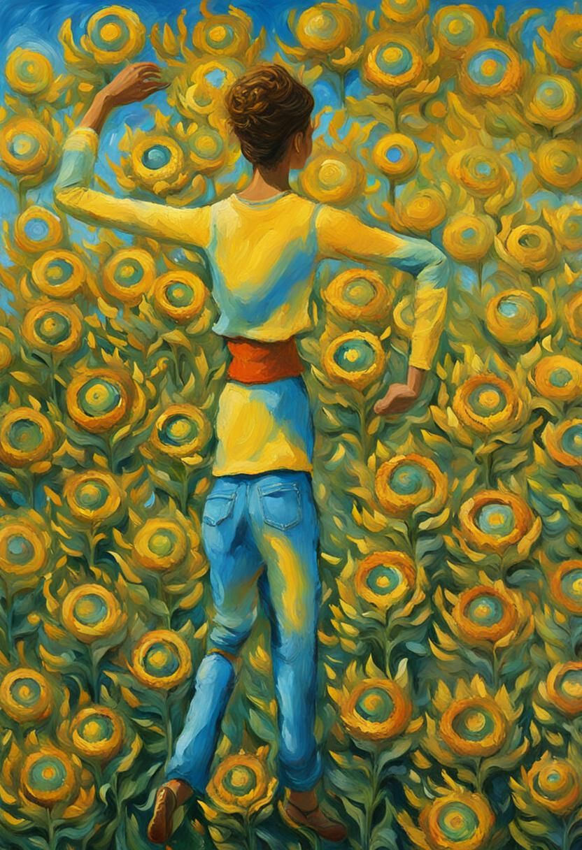 Woman Jumps Over Sunflowers in Van Gogh Style