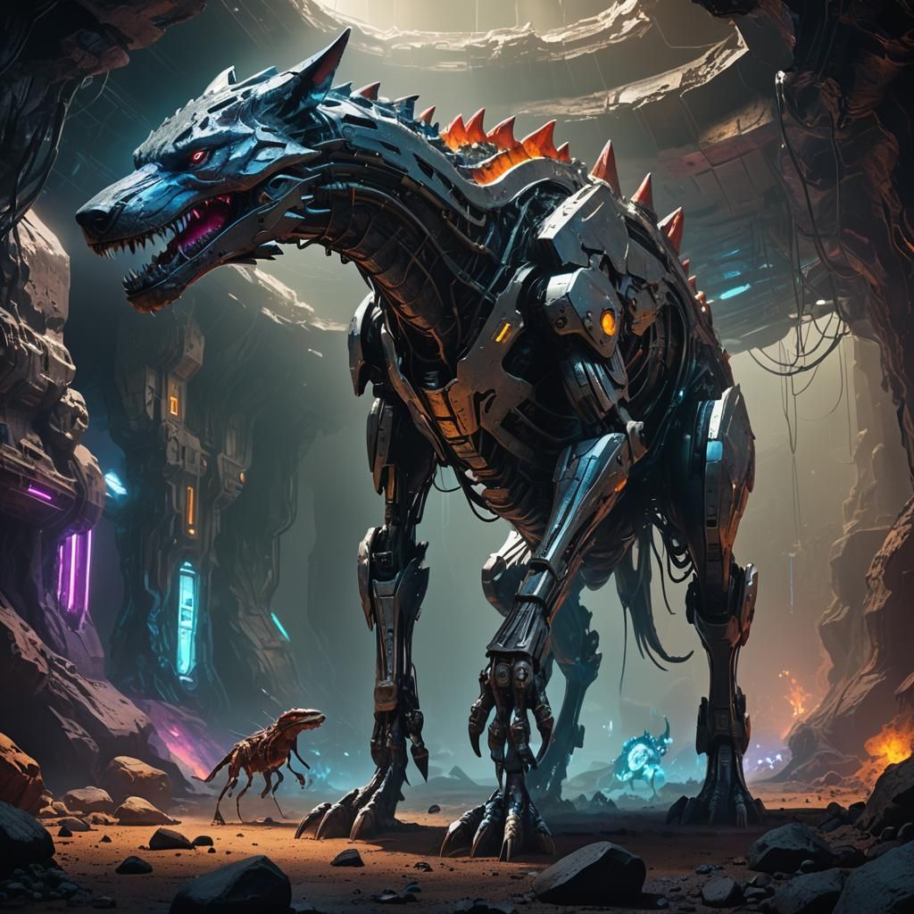 Futuristic Hybrid Creature in a Metallic Cavern