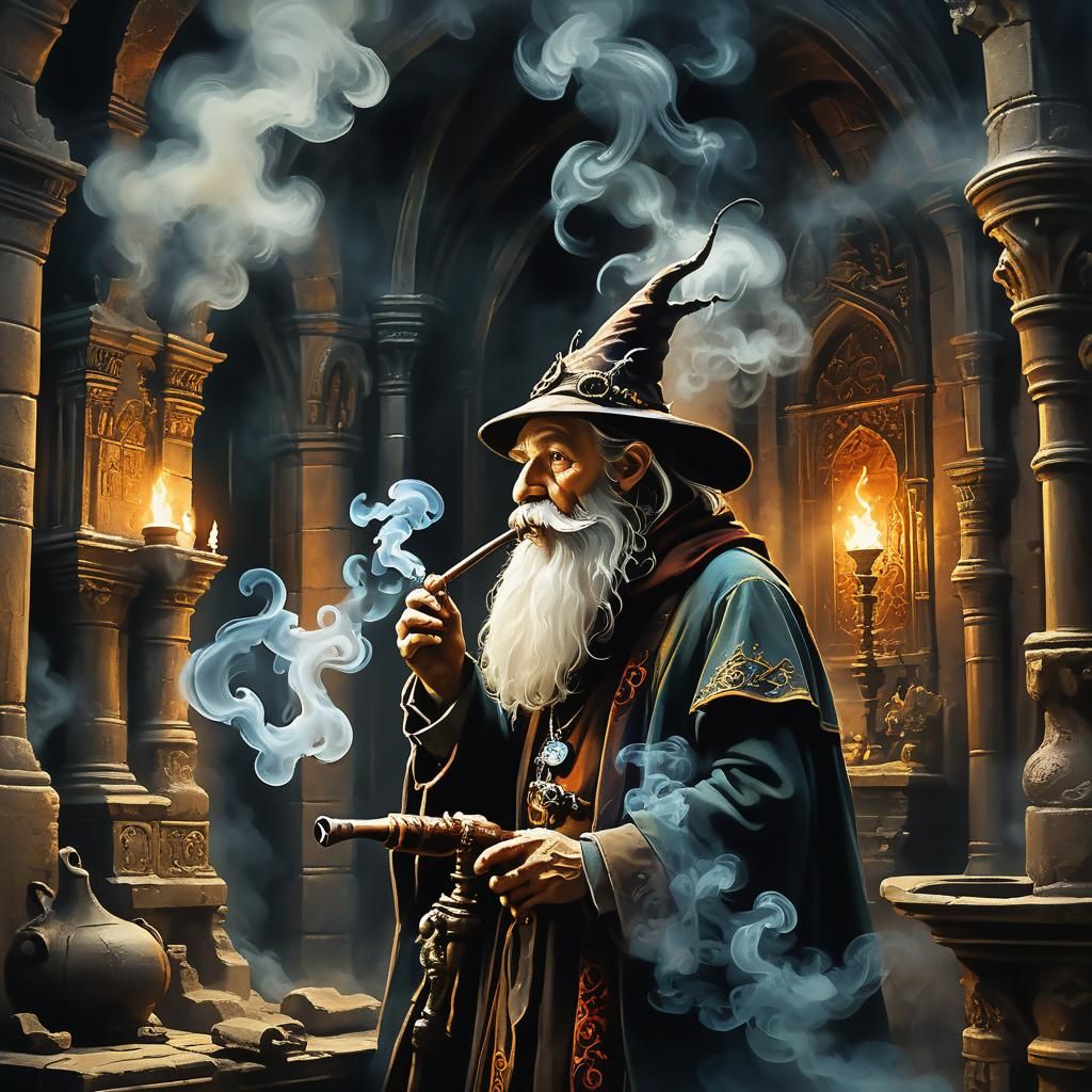 Mystical Wizard Smoking Pipe in Oil Painting Style