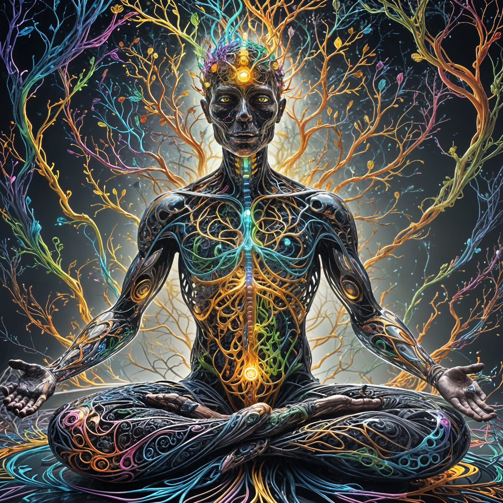 Meditating Glass Humanoid in Electric Rainbow Filigree