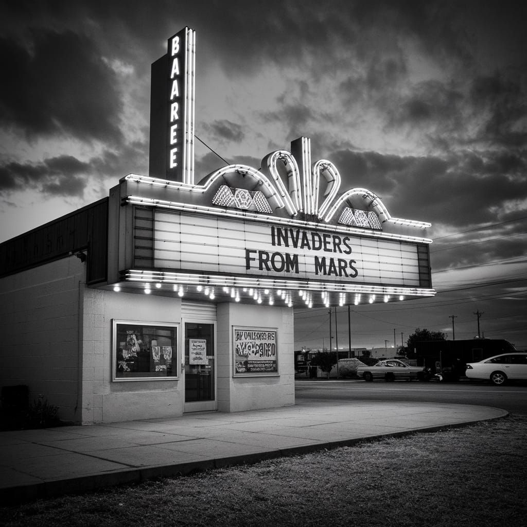 Drive-In Theater Showing "INVADERS FROM MARS" in Black and W...