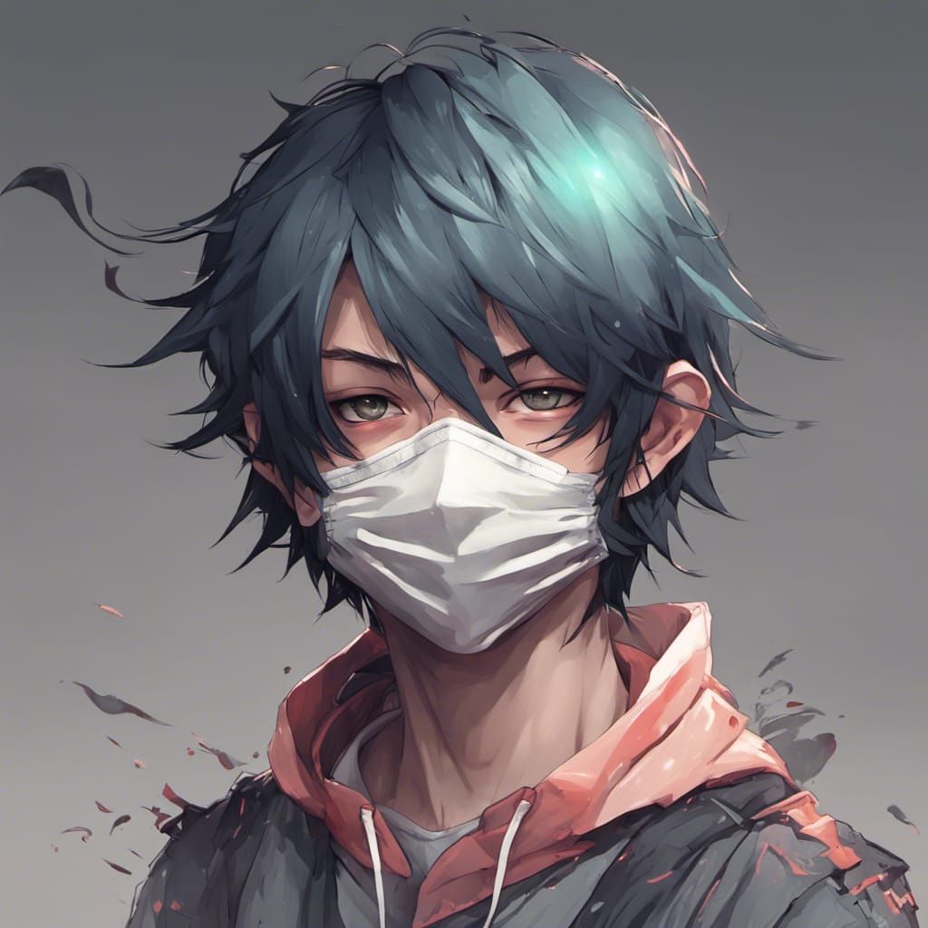 Emo Anime Boy Portrait with Mask in Digital Art