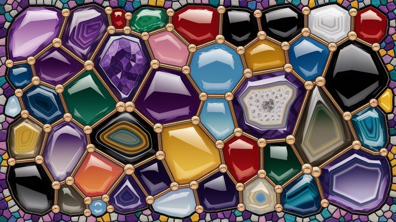 Vibrant Mosaic Artwork with Gemstones and Gold Accents