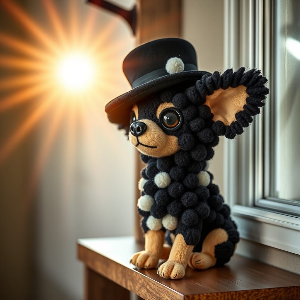 Anthropomorphic Pom Pom Chihuahua Doll in God Rays