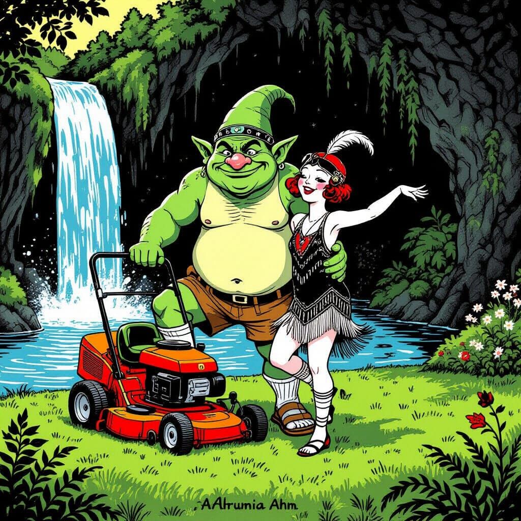 Troll Dad and Flapper Girl Waterfall Art