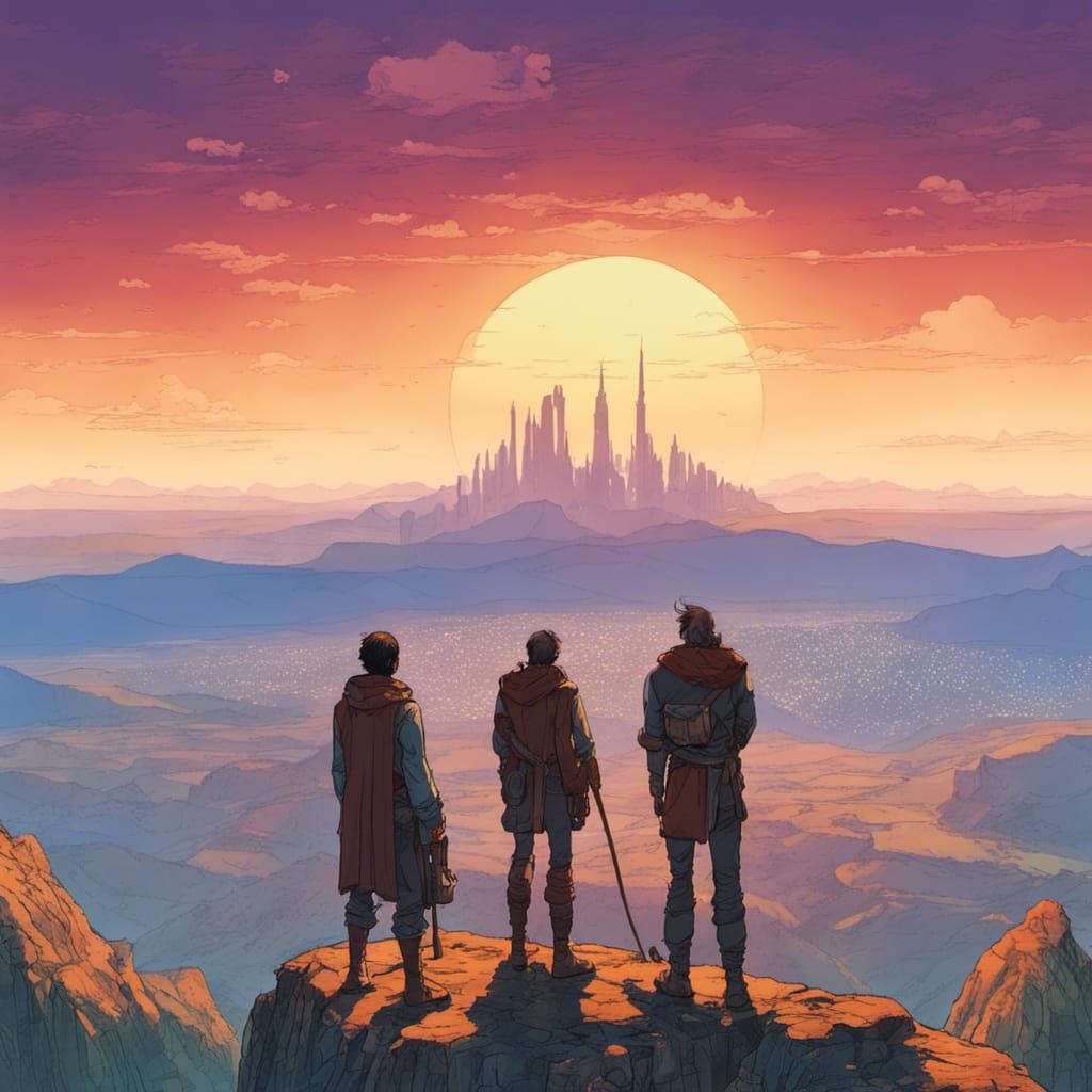 Adventurers Discover Serene Valley City: Moebius-Style Fanta...