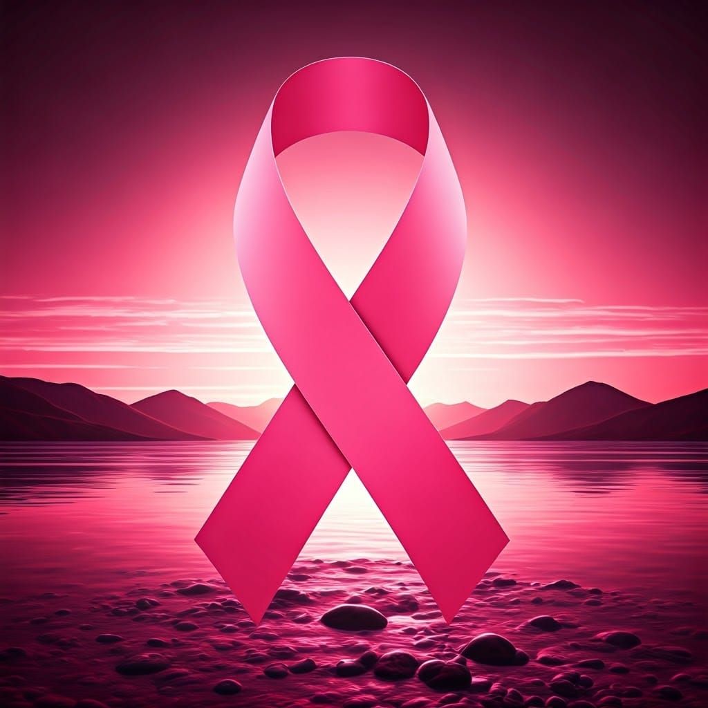 Psychedelic Pink Ribbon in Solarpunk Landscape