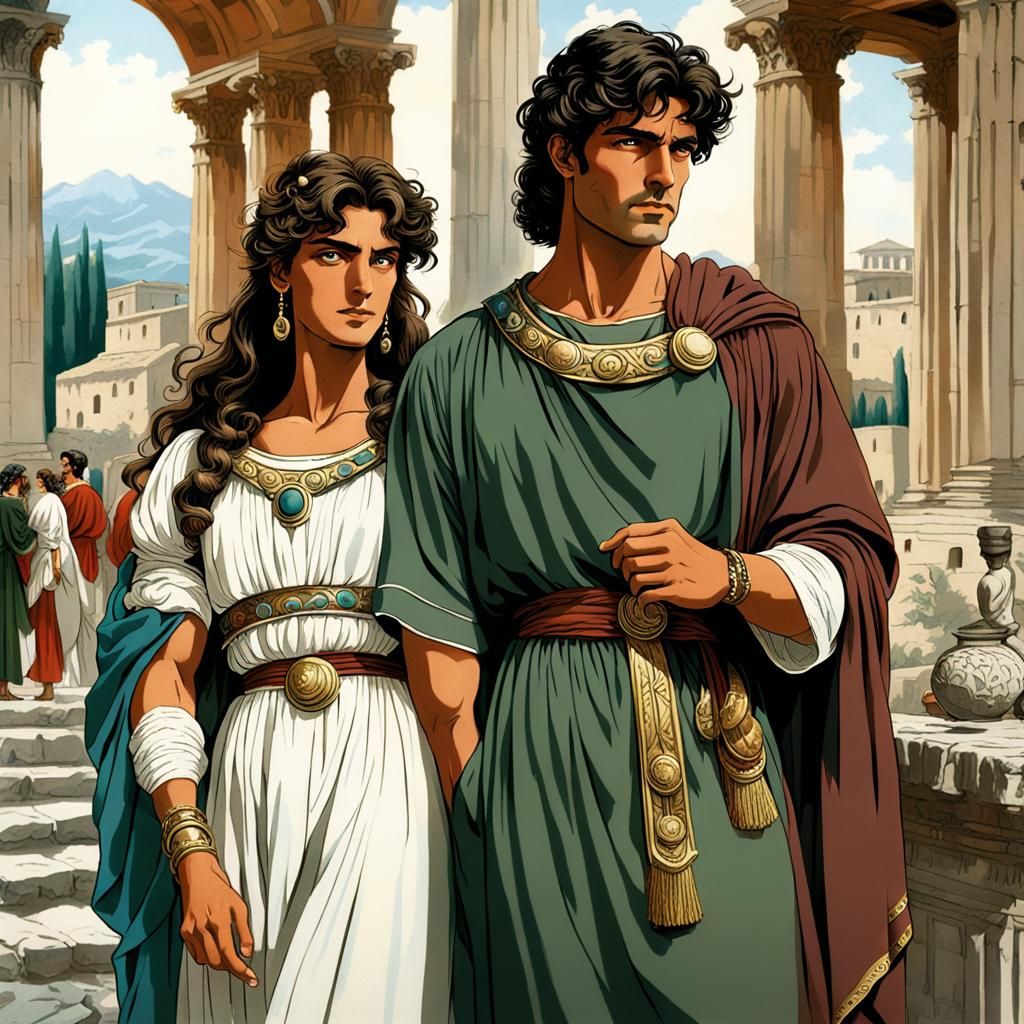 Ancient Italian Couple in Vaporwave Anime Style