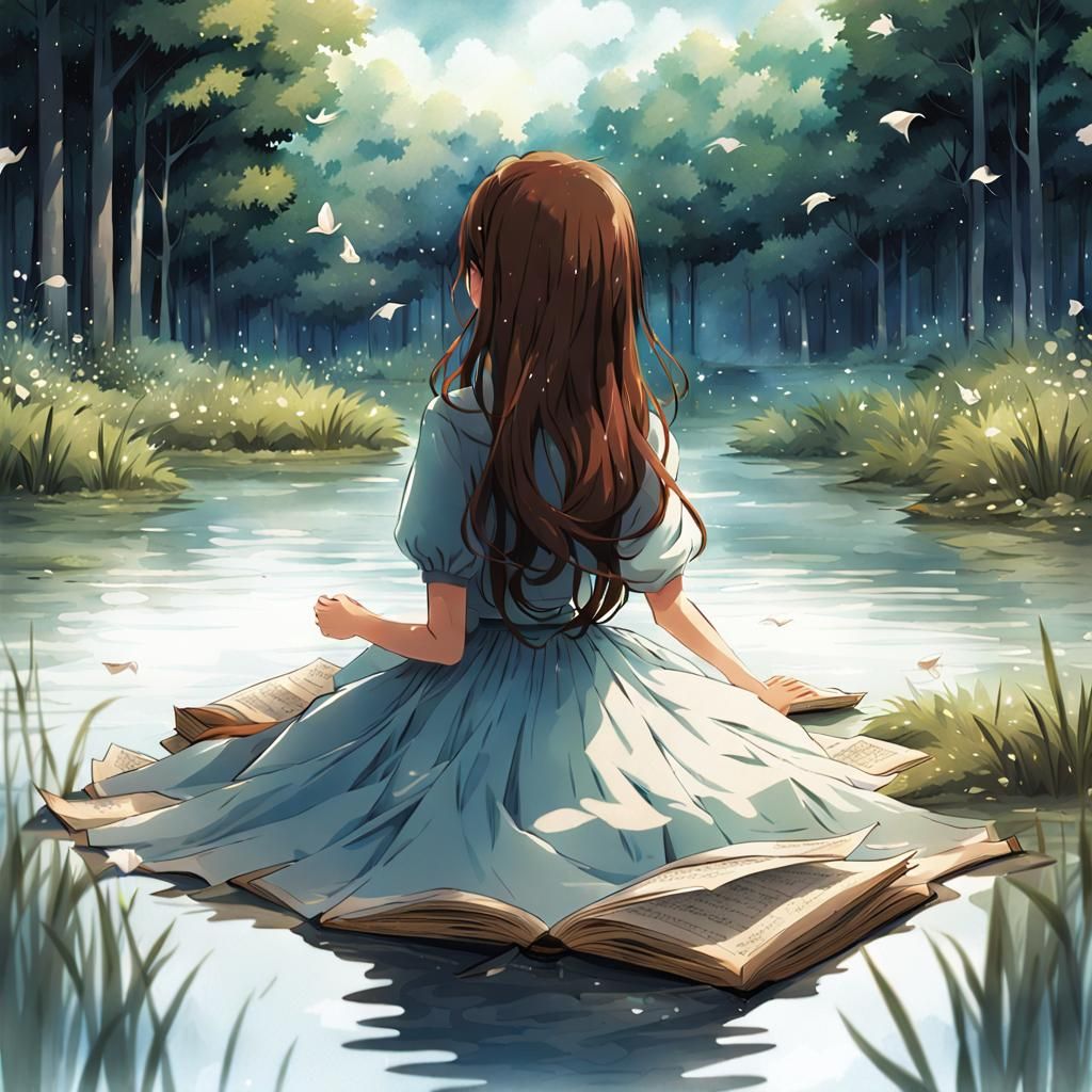 Anime Girl in Book Paper Dress by Forest Pond