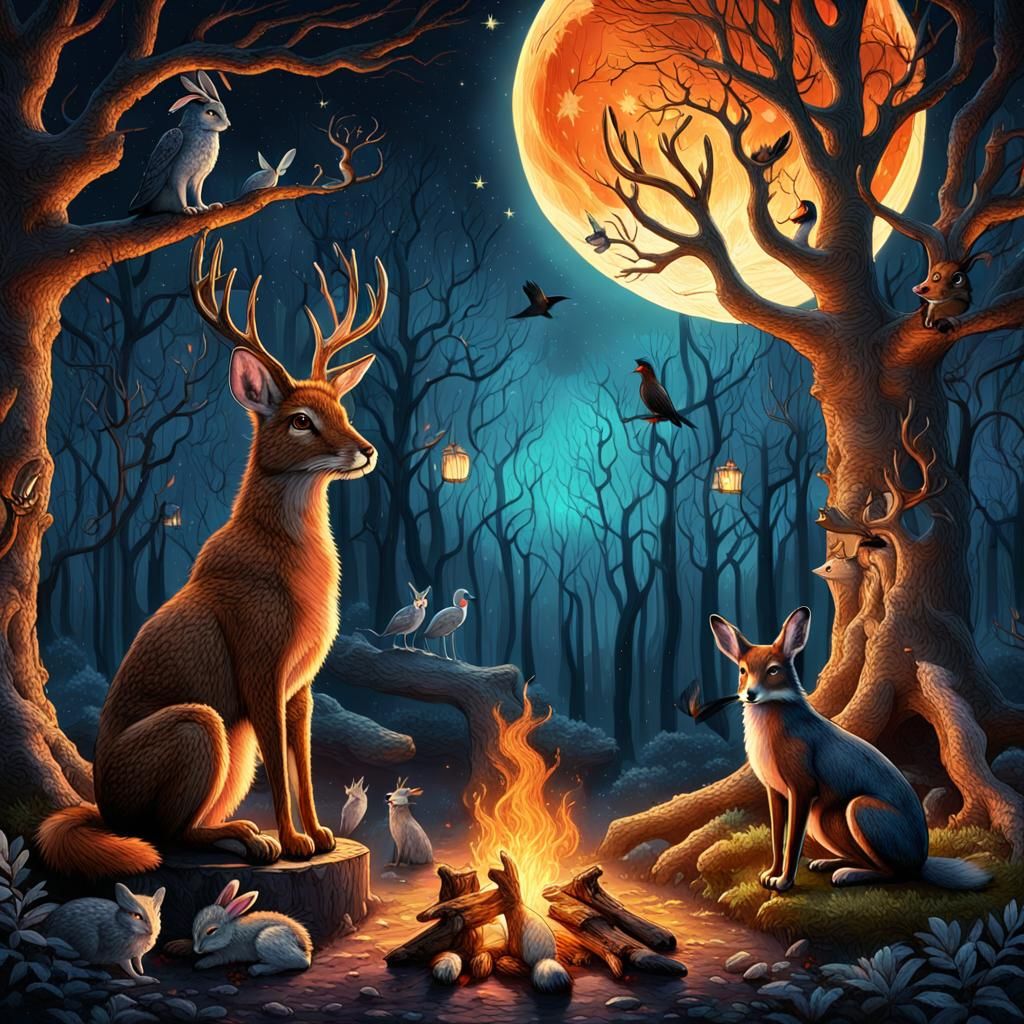 Animals Gather 'Round Campfire in Enchanted Forest