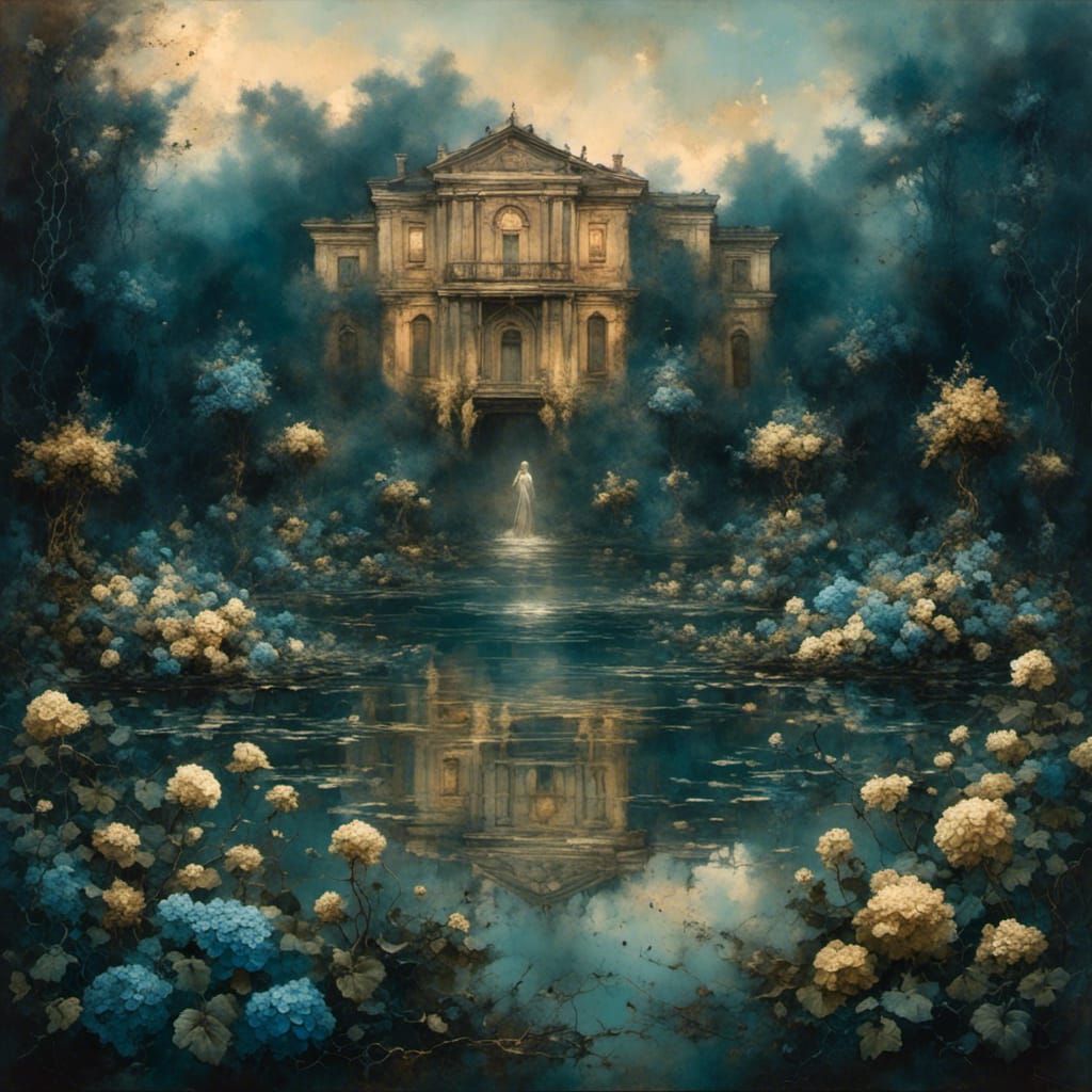 Palladian Garden in Golden Hour with Hydrangeas