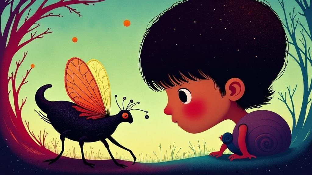 Dreamlike Boy Bonds with Majestic Cicada in Vibrant, Surreal...