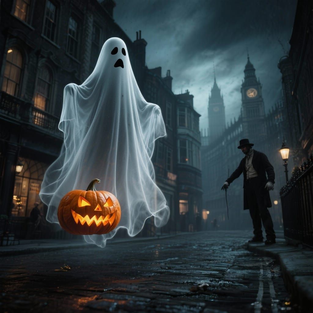 Ghost Haunts Spooky 1800s London with Jack-o-Lantern